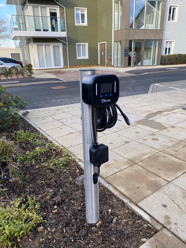 Image of the Ohme Home Pro Installed on a post